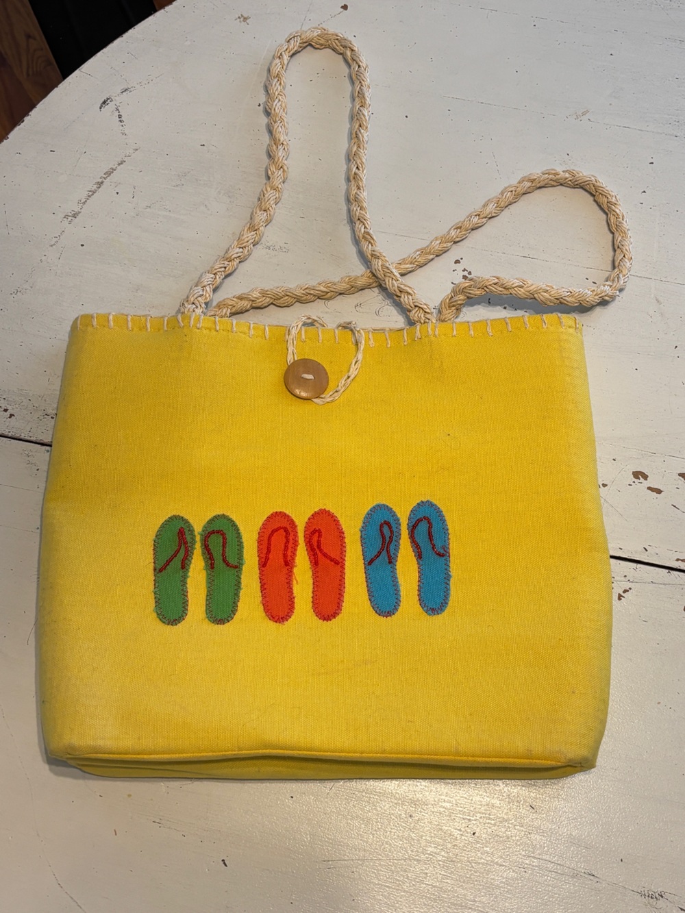 Yellow Canvas Beach Tote with Flip-Flop Embroidery